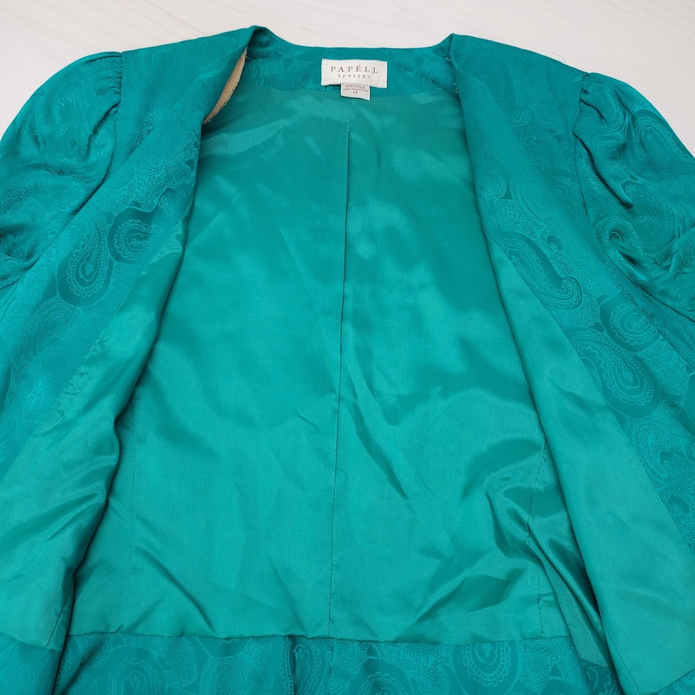 Papell Petites Vintage 100% Silk Teal Paisley Jacquard Skirt Suit Set 12P Luxury - Picture 5 of 16